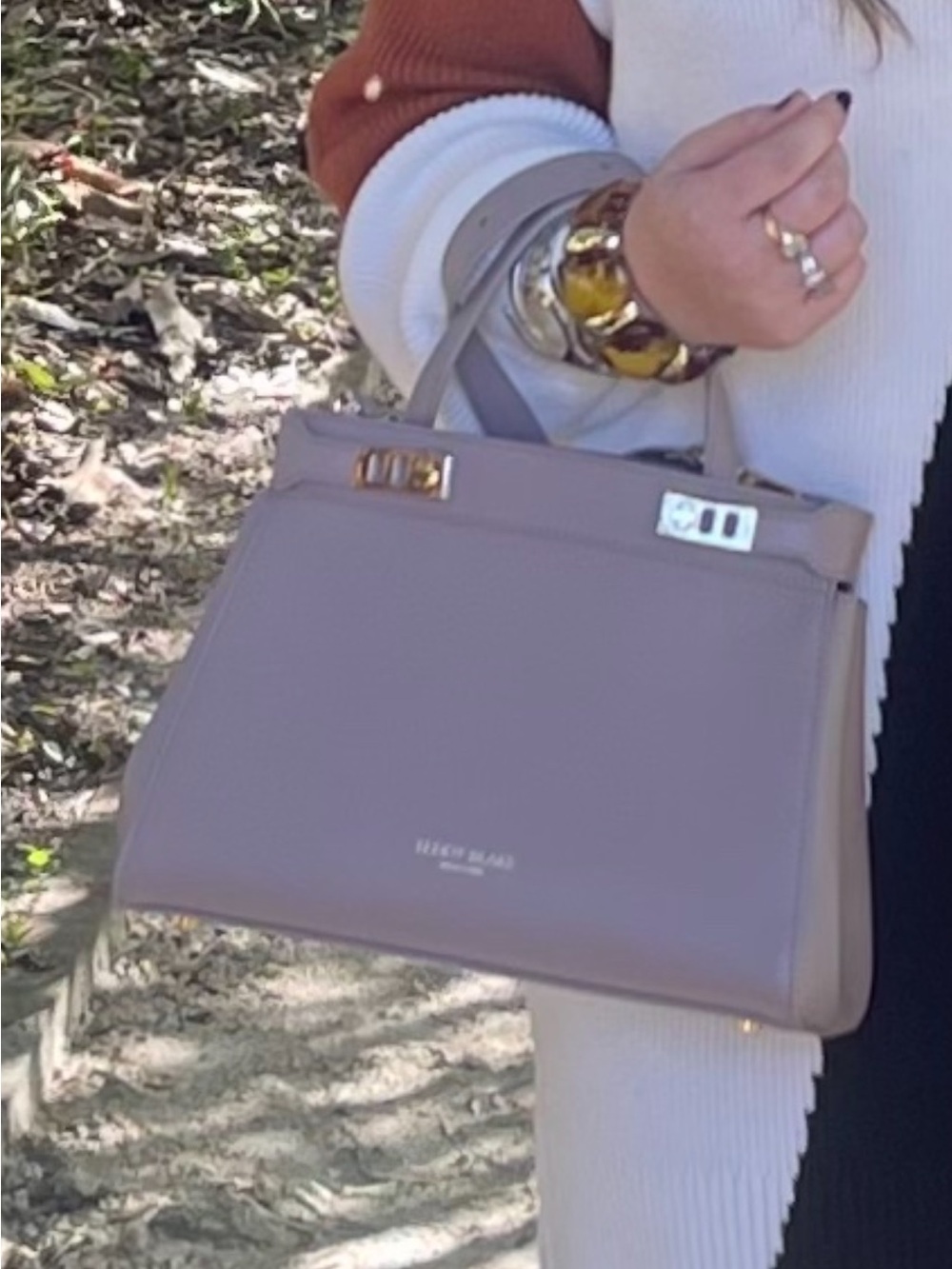 Teddy Blake Structured Taupe Top-Handle Satchel with Gold Hardware